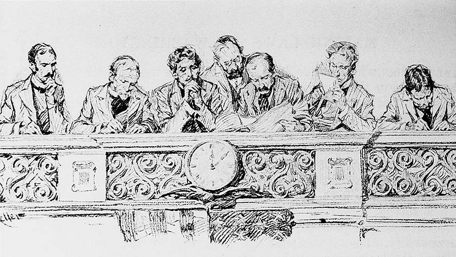 Drawing depicting senators working with each other on the balcony and above the clock